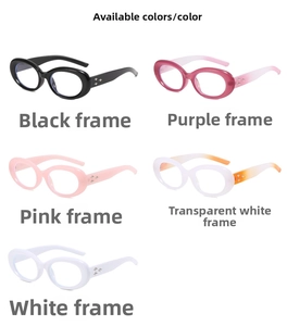 Flat lay of oval sunglasses in five colors featuring star metallic accents on temples