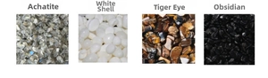 Macro view of labradorite, white shell, tiger eye, and black obsidian tumbled stone chips