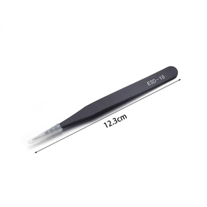 Detail of ESD-10 black anti-static tweezers with protective cap and 12.3cm measurement