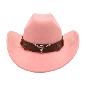 Detailed view of pink suede cowboy hat with silver bull head ornament and leather band