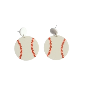 Pair of circular baseball stud earrings with red stitching on white faux leather