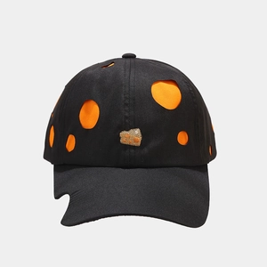 Trend black canvas baseball cap with cheese hole design and embroidery accents