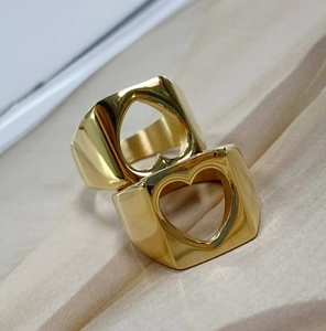 Minimalist stainless steel open heart poker rings set in polished gold finish