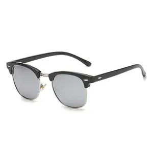 Classic Clubmaster style polarized sunglasses with silver mirrored lenses and black frame