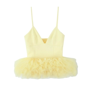 Gele Tule Camisole Top Met Pofzoom Voor Dames V-Hals Meerlaags Mesh Polyester Elegant Zoet Zomer Tanktop