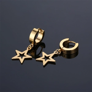 Golden titanium steel hoop earrings with hollow star pendants on a reflective surface