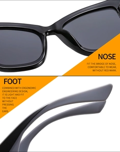 Detail of ergonomic nose pads and temples on butterfly cat-eye sunglasses
