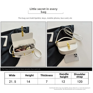 Size chart for colorblock crossbody bag with height, width, and strap measurements