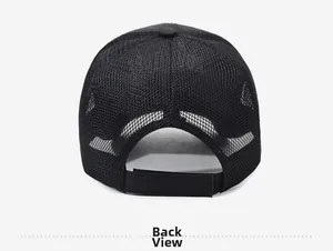 Detailed back view of black mesh baseball cap with adjustable velcro strap closure