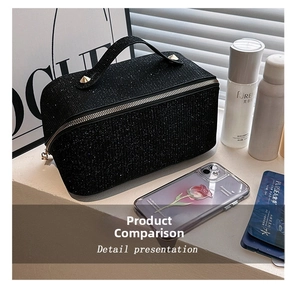 Detail presentation of black sequin makeup bag with gold studs and zipper closure