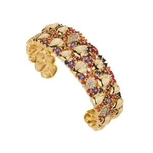 Luxurious gold geometric bangle with multicolor zircon pavé and teardrop metal accents