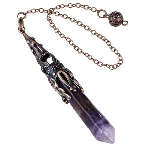 Natural amethyst hexagonal prism pendant necklace with vintage bronze metal flower cap