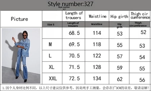 Detailed size chart for women's washed denim jacket with sleeve and bust measurements