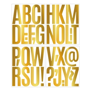 Close-up of 5-inch gold foil alphabet stickers with metallic finish for party decor