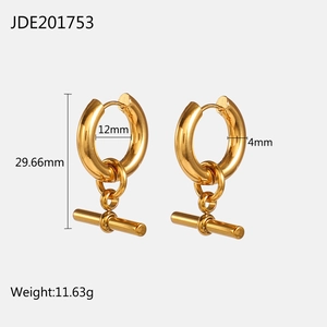 Detail view of gold geometric hoop earrings with T-bar pendant and size specifications