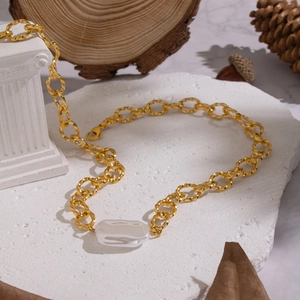 Collier chaîne en acier inoxydable texturé avec pendentif perle baroque en or 18 carats