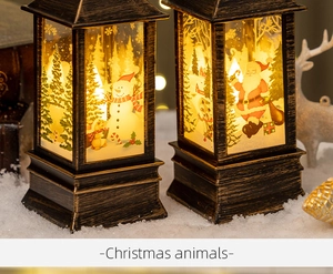 Bronze vintage Christmas lanterns with Santa and snowman patterns on white snow
