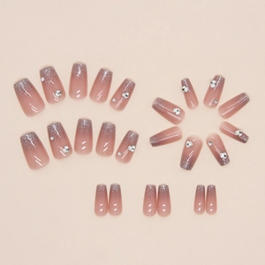 Short ballet glitter press-on nails with sparkling rhinestones and nude gradient finish