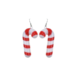 Detail of candy cane Christmas earrings with festive red and white striped pattern
