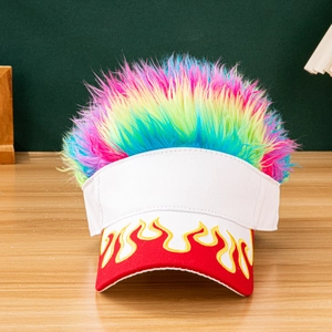 Detail view of novelty wig sun hat with colorful hair and embroidered fire pattern
