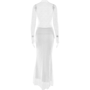 Detailed back view of white lace stitching with floral texture on elegant evening dress