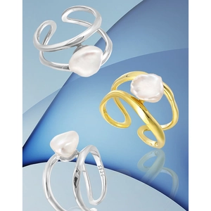 Irregular double-layer hollow S925 silver ring with Baroque pearl in gold and silver