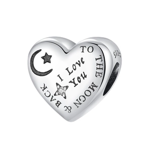 Detail of S925 silver heart charm engraved with To The Moon and Back moon and stars