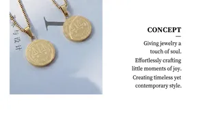 Detail of gold pendant necklace with justice scales relief and JUSTICE engraving