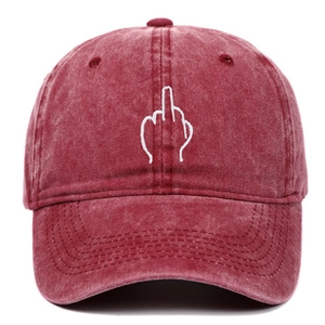 Detail of middle finger embroidery on vintage washed burgundy cotton bucket hat
