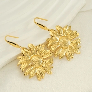 Elegant gold plated titanium sunflower dangle earrings with intricate textured petals