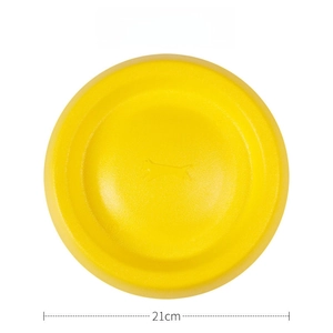 Close-up of a 21cm yellow pet frisbee with a dual-use food bowl design and cat pattern