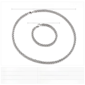 Detailed chart showing dimensions for the stainless steel chain necklace and bracelet set