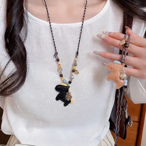 Leather Horse Pendant Necklace For Women Braided Rope With Wood Beads And Acrylic Stones Bohemian Vacation Style Long Sweater Chain