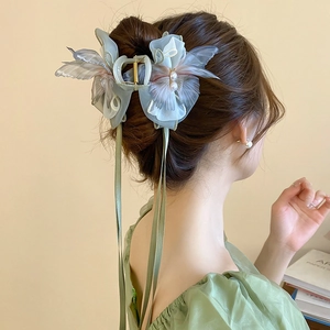 Butterfly Hair Claw Clip With Organza Ribbon Long Tassels And Faux Artificial Pearls Sweet Fairy Style For Women