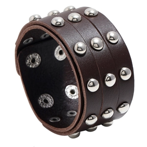 Men's punk style dark brown wide leather bracelet with three rows of silver metal studs