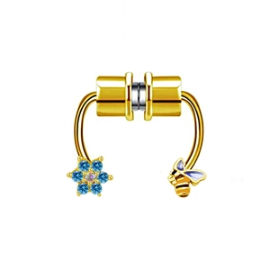 Golden magnetic nose ring detail featuring a blue flower and small bee design