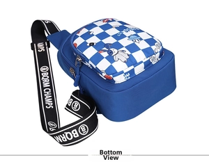 Close-up of kids chest bag with blue checkerboard pocket and space rabbit prints