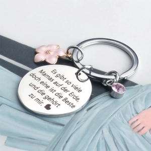 Stainless steel mama keychain with pink flower charm and engraved German text heart gift