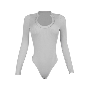 Gray long sleeve knit bodysuit for women featuring a ribbed texture and U-shaped neckline