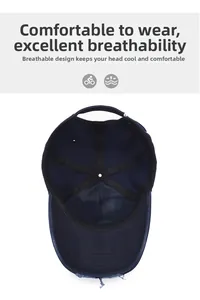 Detail view of distressed navy baseball cap interior with sweatband and breathable holes