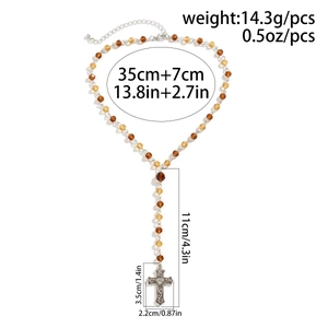 Size chart for cross rosary necklace with amber beads showing 35+7cm chain and dimensions