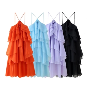 Tiered ruffle halter neck dress with floral details in orange, blue, lilac, and black