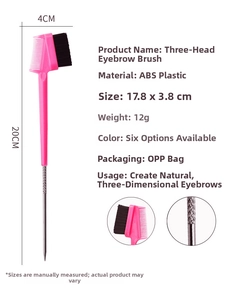 Macro detail of 3-in-1 eyebrow brush tool showing ABS handle and precise metal tip