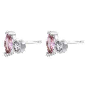 Detail of elegant silver stud earrings with marquise pink gem and round zircon