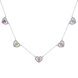 S925 sterling silver necklace with five heart pendants featuring colorful zircons