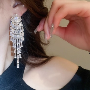 Detailed view of silver long tassel earrings featuring sparkling zircon crystal fringes