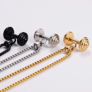 Three dumbbell-shaped stainless steel fitness necklaces in black, silver, and gold colors