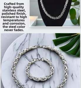 Byzantine chain necklace and bracelet set in polished silver-tone stainless steel
