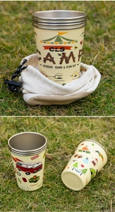 Stack of 304 stainless steel camping cups with outdoor graphics in a beige canvas bag