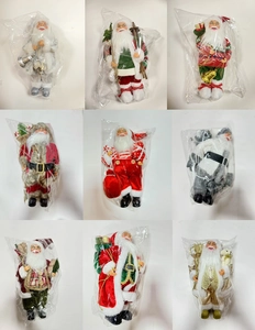 Detailed view of nine assorted 12-inch Santa Claus dolls in various festive costumes